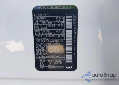 2019 Infiniti Qx50 Luxe z USA, uszkodzony, nr VIN 3PCAJ5M30KF107007